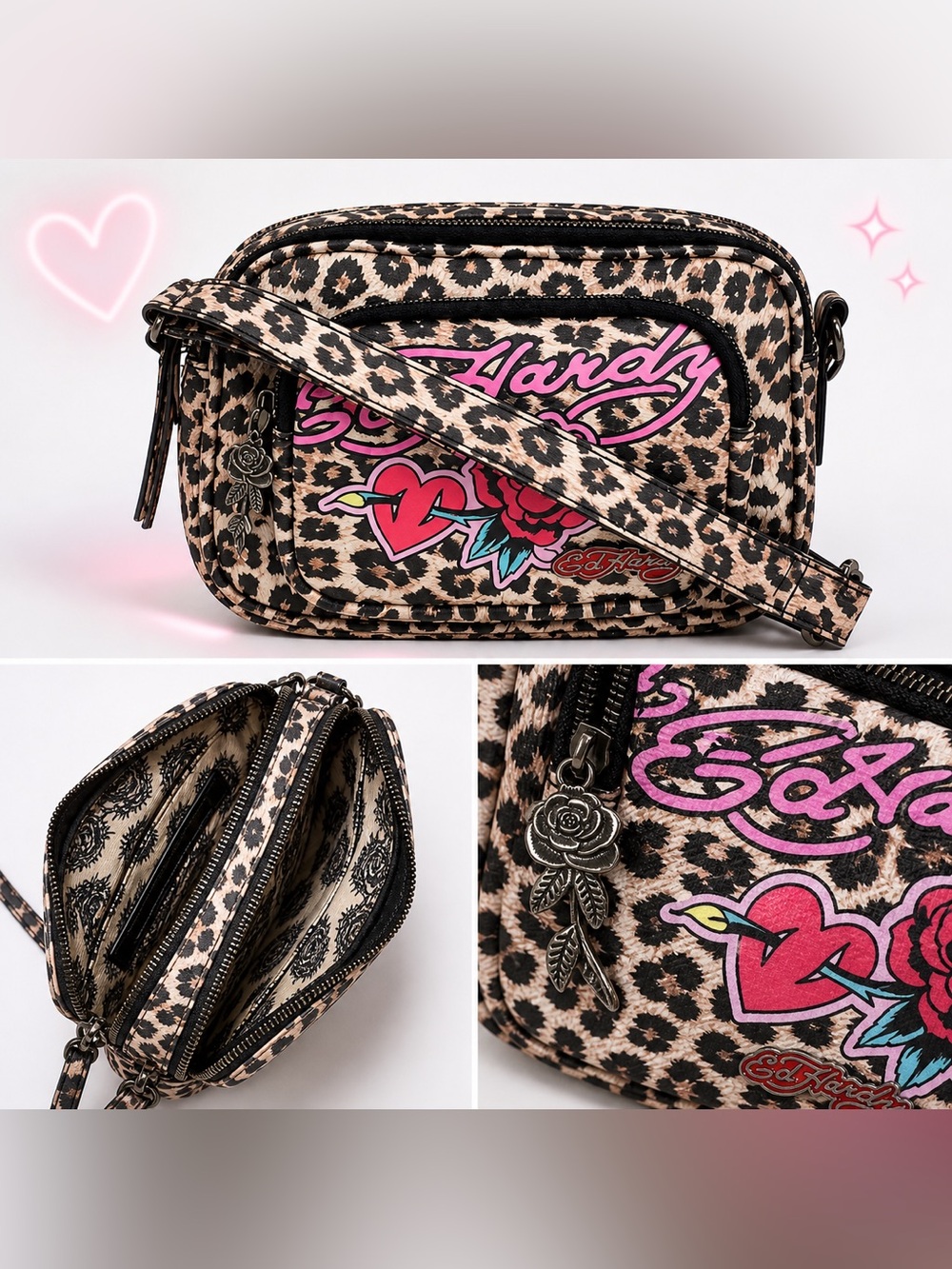 Ed Hardy Leopard Print Crossbody Bag with Pink Logo and Rose Charm